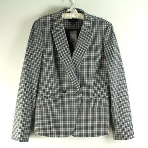 J. Crew Lady Black Grey White Check Double Breasted Blazer Suit Jacket 14 NWT